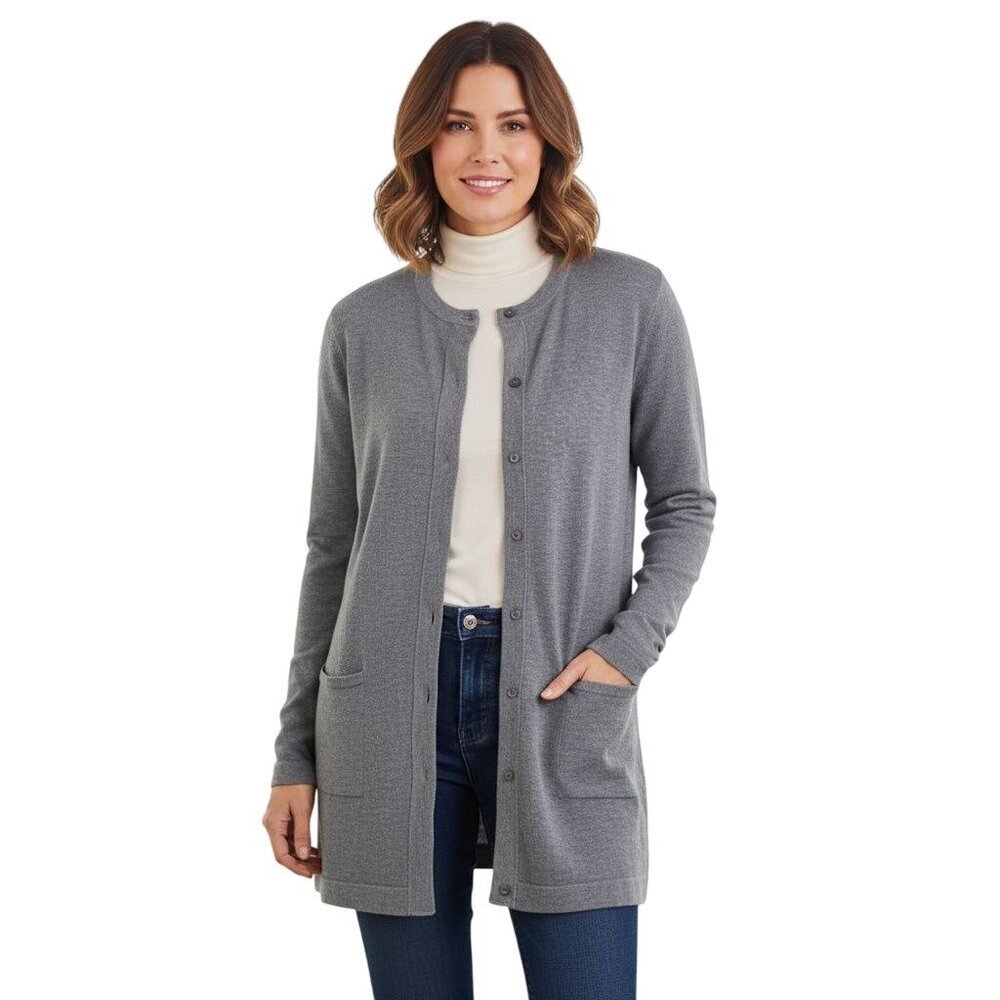 J. Jill Gray Long Line Wool Blend Rounded Hem Pockets Cardigan Sweater Size M